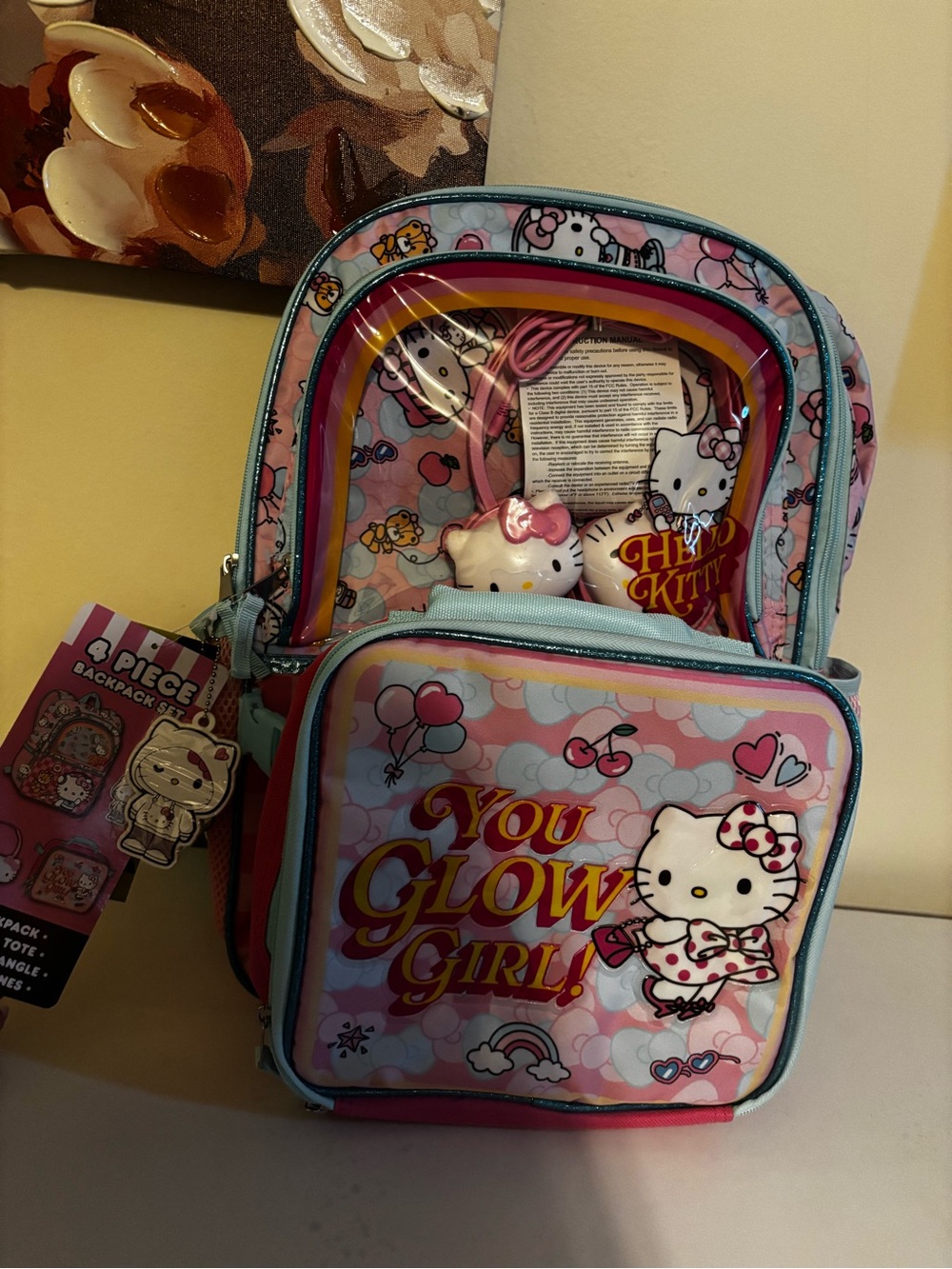 Hello Kitty Pink and Light Blue Kids Backpack with 'You Glow Girl!' Design